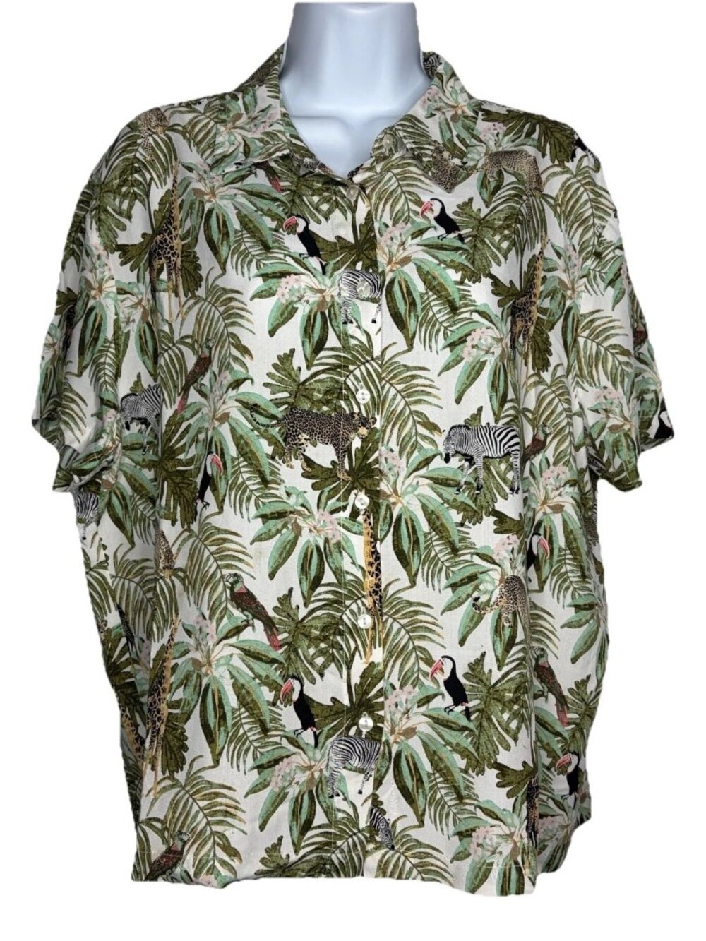 Jane Delancey Button Up Shirt Size L White Safari Tropical Jungle Animal Print